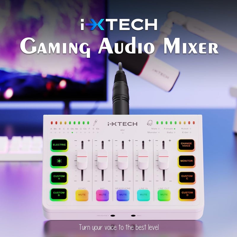 i-XTECH Gaming Audio Mixer 4 Channel Soundboard, Streaming RGB PC Audio Interface with XLR Microphone Support, Audio Equalizer for Gaming Podcast Streaming Karaoke, Individual Volume Controls (White) - Image 2